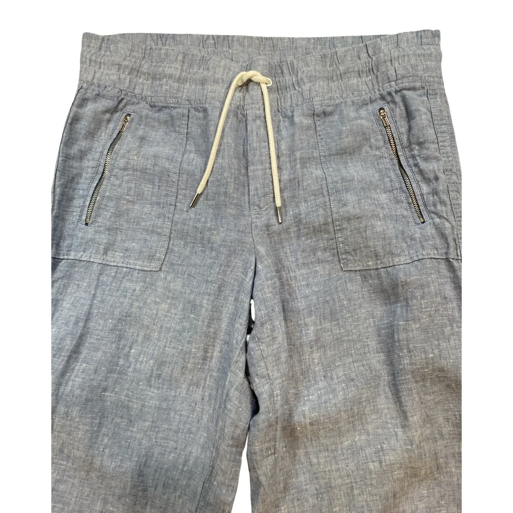 Athleta Cabo 100% Linen Wide Leg Pants Blue Chambray Drawstring 12T Tall Comfy - Picture 8 of 11